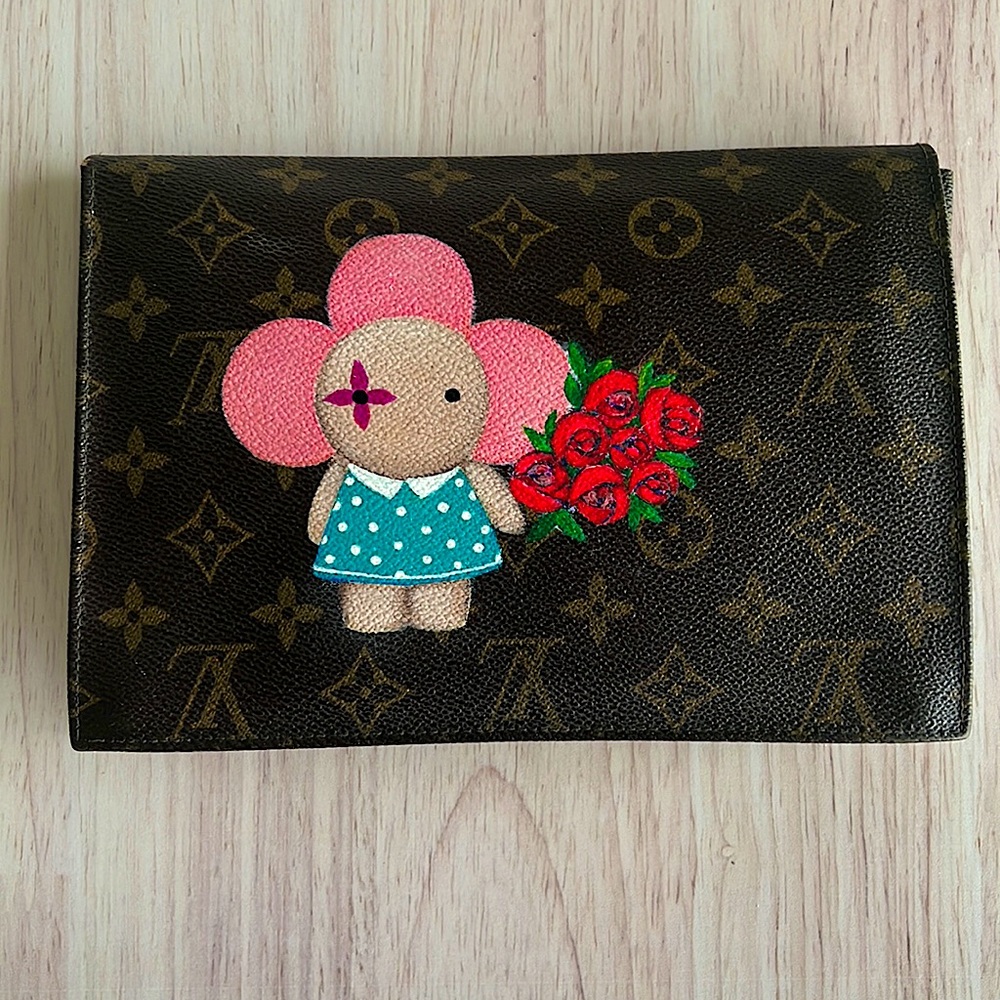 Louis Vuitton Brown Monogram Clutch with Pink Character and Red Roses
